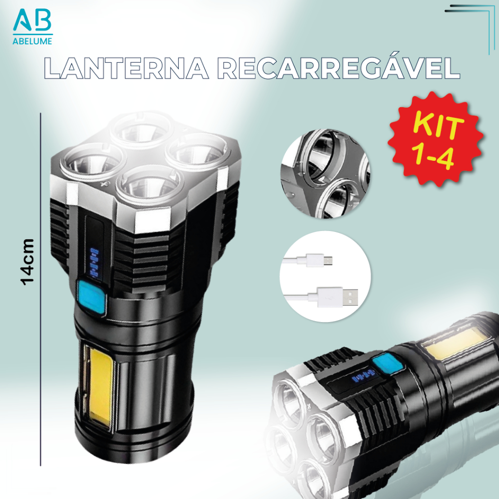 Kit 4 Super Lanterna Led Portátil Recarregável USB Resistente a água com Luz lateral c/ 4 LEDS