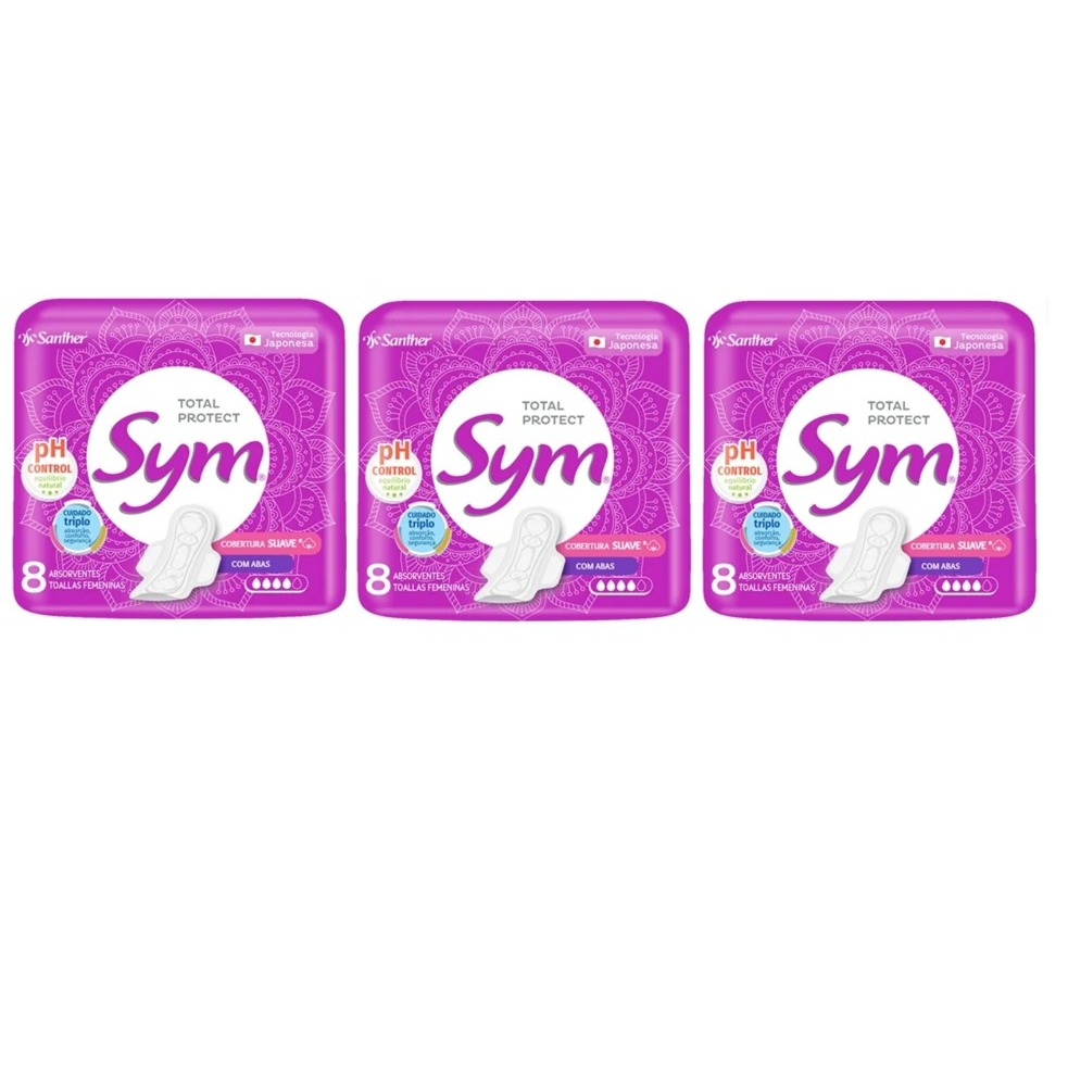 Absorvente Sym Cobertura Suave com Abas Embalagem Kit 3 unid c/8 ...