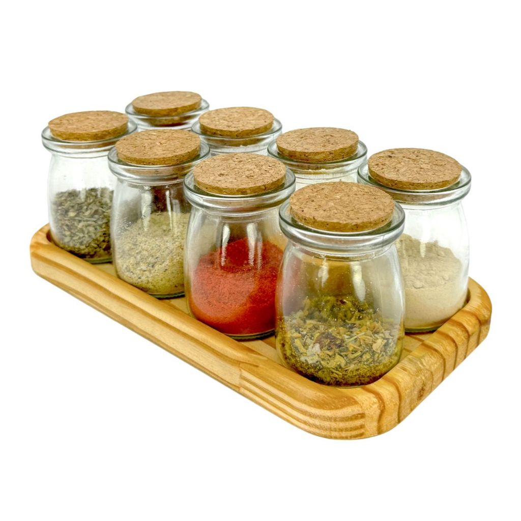 Porta Temperos com 8 Potes Inclusos Tampa de Rolha Cortiça Organizador de Cozinha