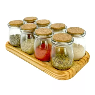 Porta Temperos com 8 Potes Inclusos Tampa de Rolha Cortiça Organizador de Cozinha