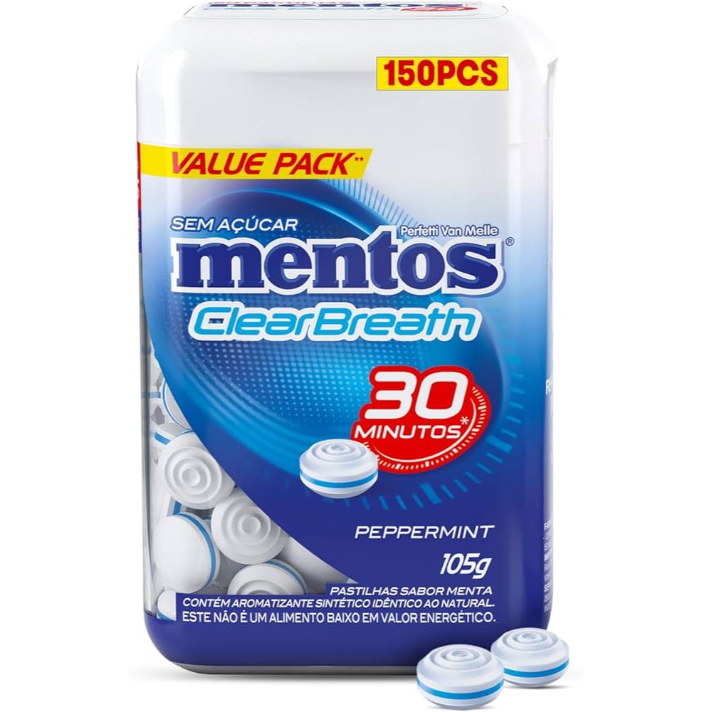 Pastilhas Mentos Clear Breath 30 Minutos Peppermint Sem Açúcar Pote de 105g