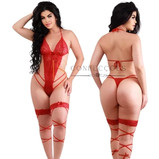Body Glamour Rendado com Cinta Liga Ajustável Fio Dental Langerie Sexy