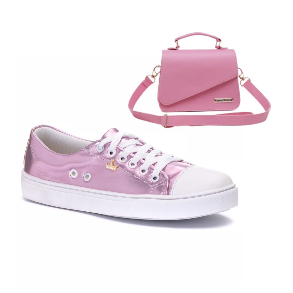kit Tenis e Bolsa Rosa Feminino Tendência Blogueira Casual