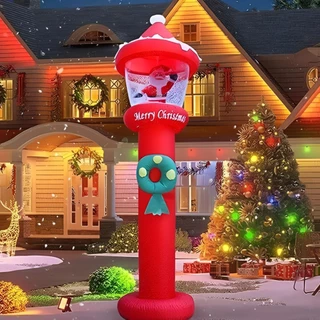 Poste Inflável 2,75m Feliz Natal Bivolt Grande Impermeável c/ Guirlanda Natalina Papai Noel Neve Decoração Enfeite Festas Eventos