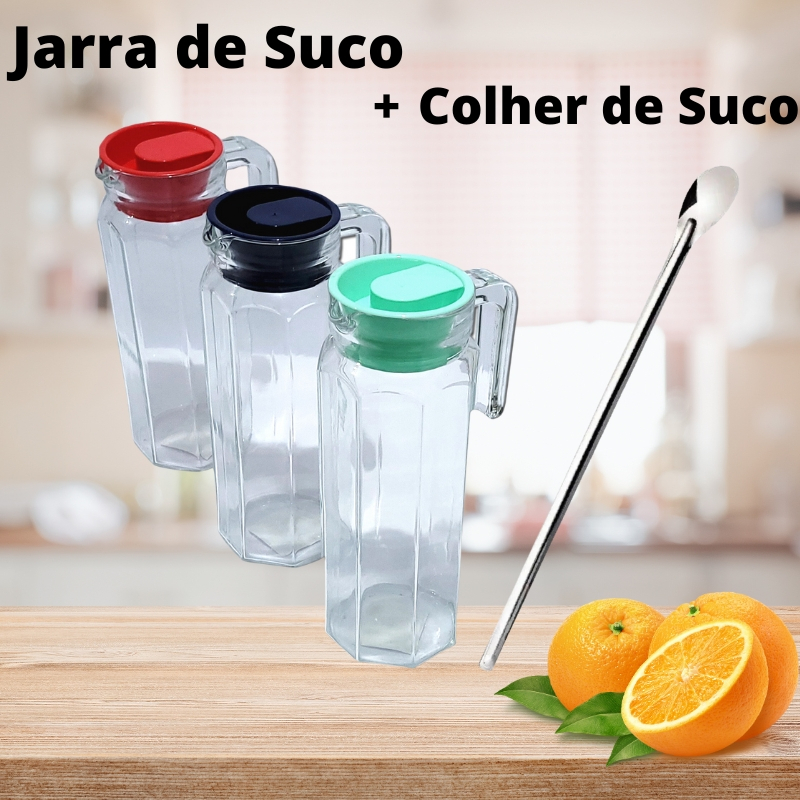 Kit Jarra de Vidro com Tampa Colher para Suco em Aço Inox Jarra 1 1