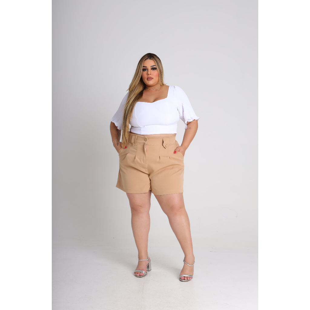Short Feminino Plus Size Alfaiataria Cintura Alta Meio Coxa Premium ...