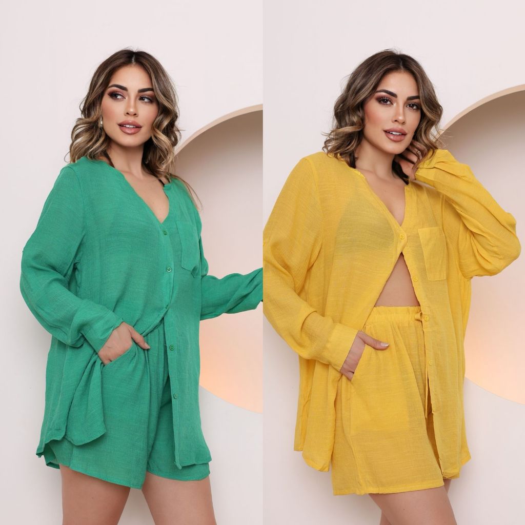 Conjunto Camisa e Short Saida De Praia Feminina Manga Longa Moda Verao ...