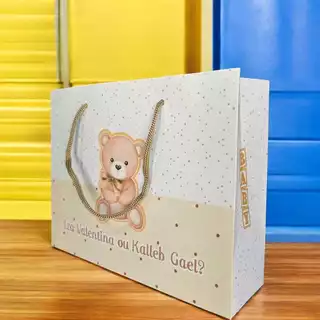10 Sacolinhas Personalizadas (G) Festa Chá de Bebê Ursinho Bege Neutro (20x16x6cm)