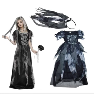 fantasia noiva cadáver cemitério festa halloween infantil e adolescente vestido e tiara com véu