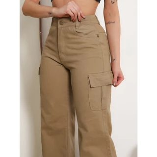 Calça Cargo Pantalona Bege Claro Cintura Alta Lycra