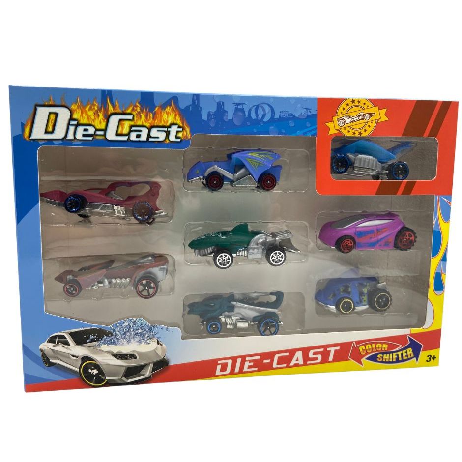 Brinquedo kit 8 Carrinhos de Ferro Hot Cars Muda de cor na água