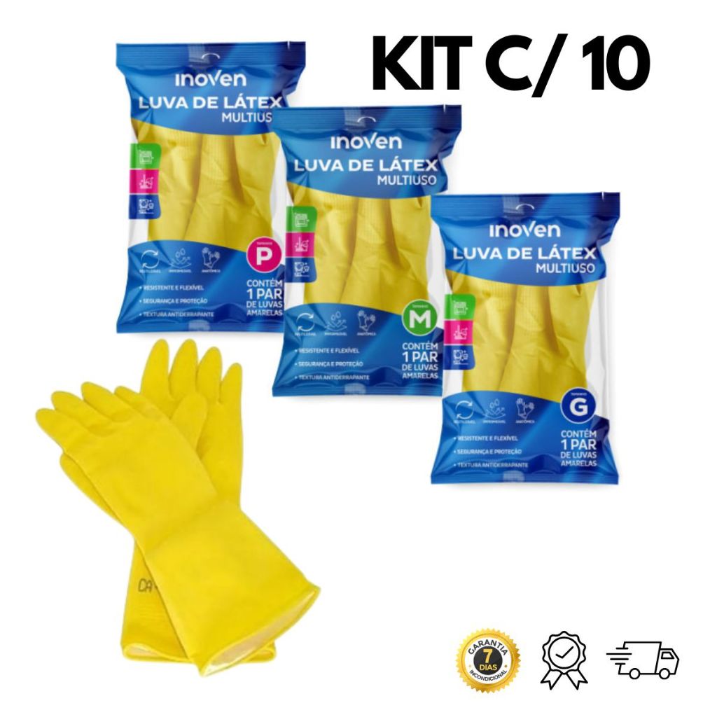 Kit 10 pares Luvas Limpeza Látex Multiuso Amarela