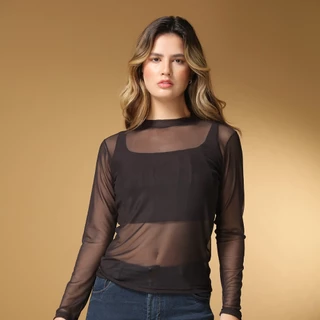 Blusa de Tule Feminina com Gola Alta e Manga Longa - Transparente, Elegante e Preta