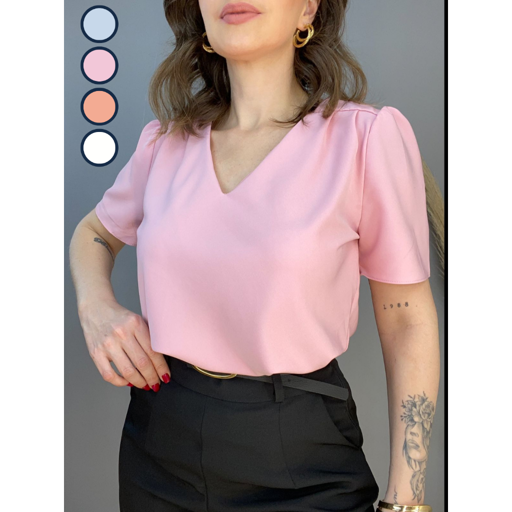 Blusa Feminina Básica Duna Crepe Gola V Tendência Verão 2024
