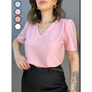 Blusa Feminina Básica Duna Crepe Gola V Tendência Verão 2024