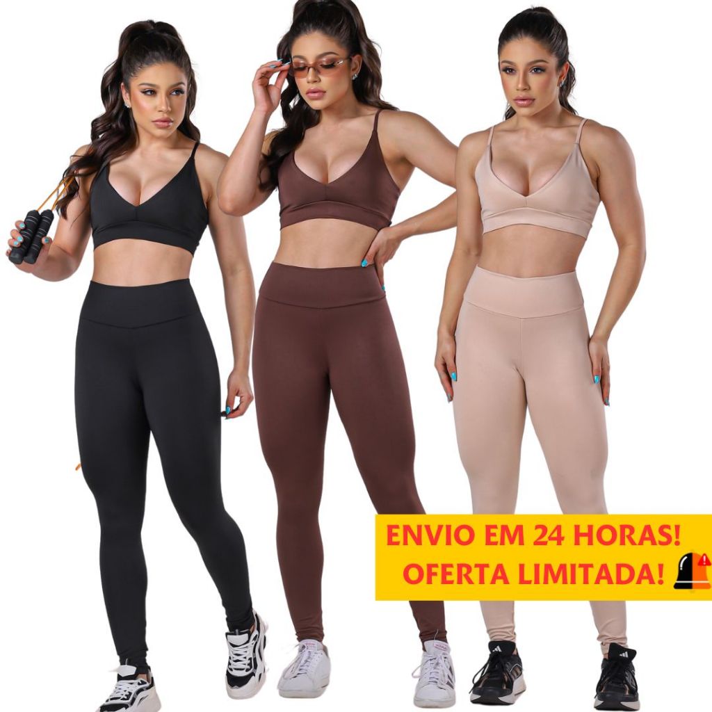 CONJUNTO DE CALÇA TOP + LEGGING FITNESS CINTURA ALTA SEM TRANSPARÊNCIA Costura reforçada academia premium brilho Crossfit ATACADO
