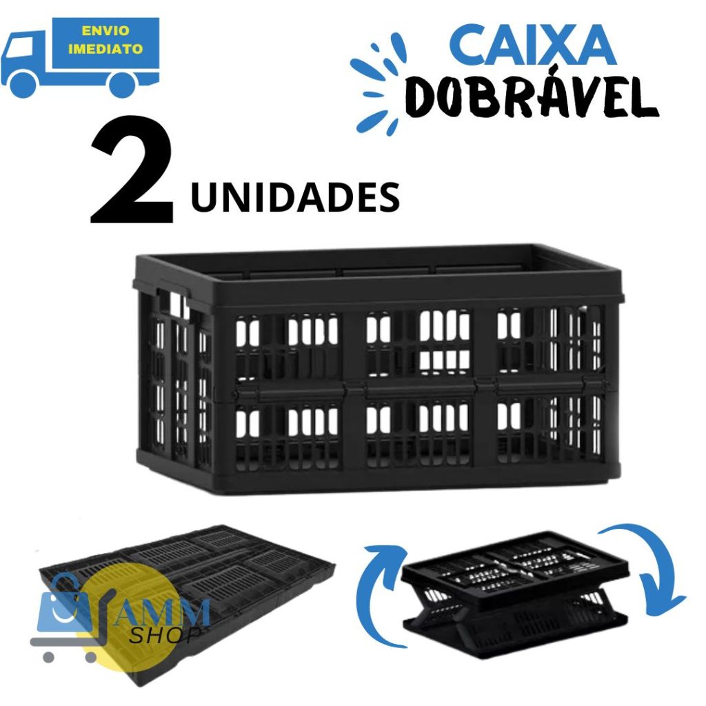 Kit 2 Caixa Plástica Organizadora Dobrável Multiuso 30kg 45 Litros