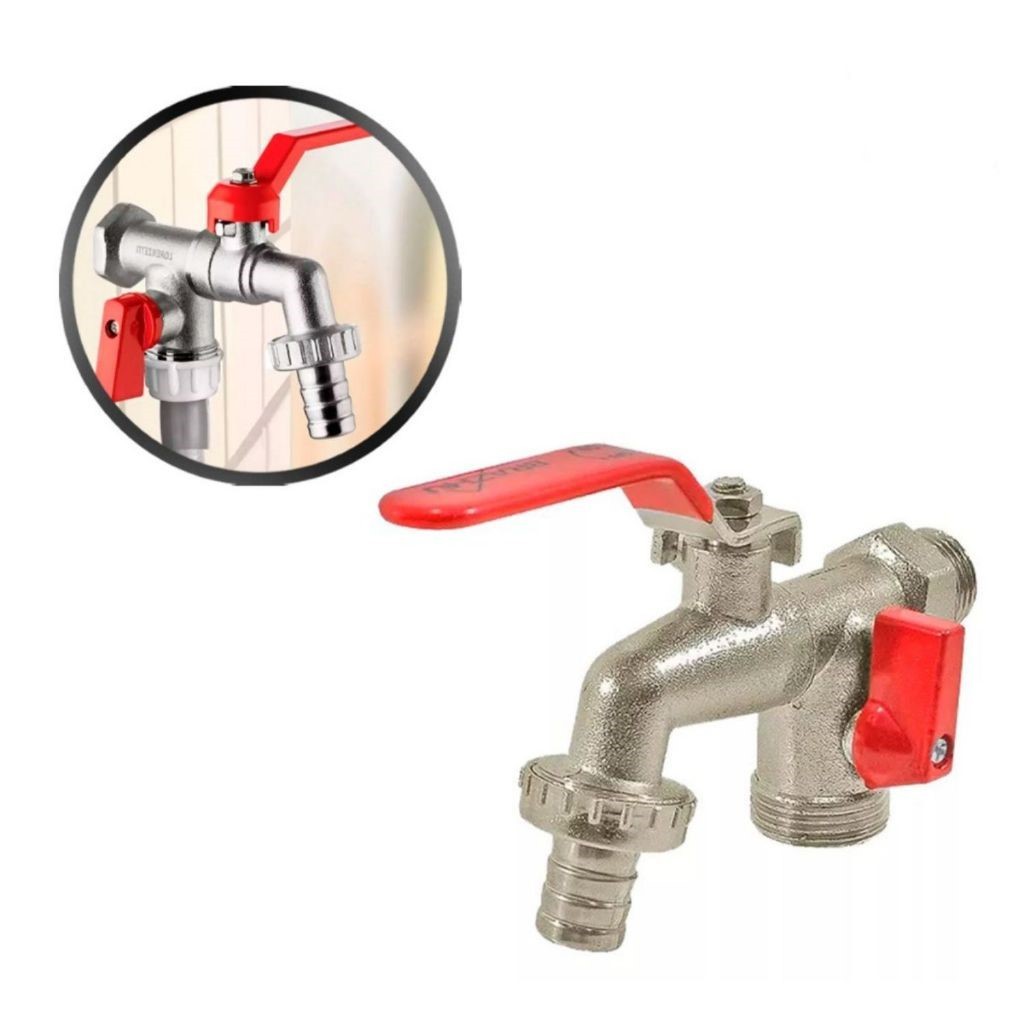 Torneira Esfera Duas Saídas para Máquina Tanque Lavanderia Área de Serviço 1/2 e 3/4 Metal Cromado