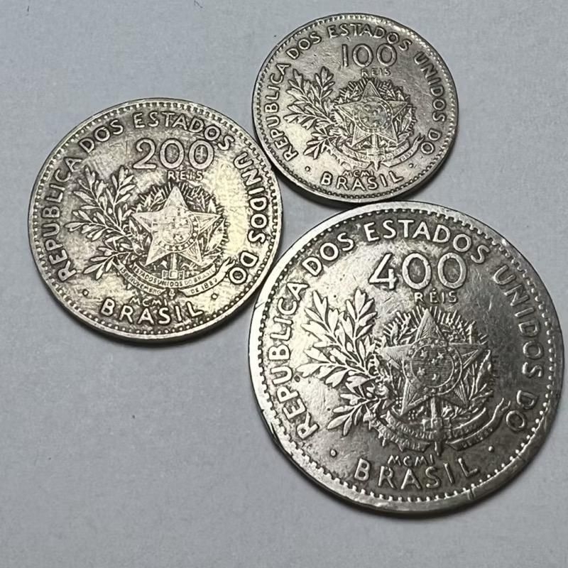 Lote 3 Moedas 100 200 e 400 Réis MCMI 1901