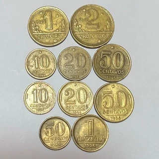 Lote 10 Moedas Antigas de Cruzeiro bronze alumínio Datas variadas entre 1943 a 1956