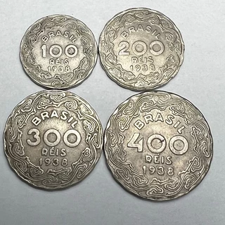 Lote 4 Moedas 100 200 300 e 400 Réis Getúlio Vargas Datas Variadas 1938 a 1940