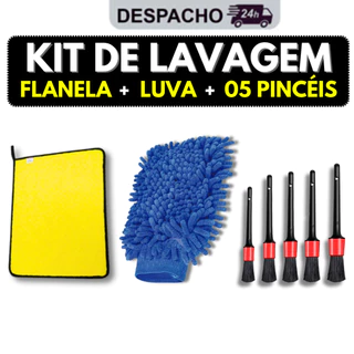 Kit de Lavagem Automotiva Flanela de Microfibra 30x40cm + Luva Microfibra + 05 Pincel Detalhamento
