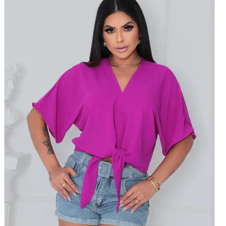 blusa femenina manga curta de amarrar na frente liso- estampado Tecido duna que não amassa