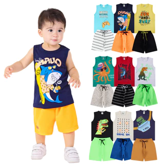 Kit 10 Peças de Roupas Infantil Bebê Menino - 5 Regatas + 5 Bermudas Tamanho 1 ao 10