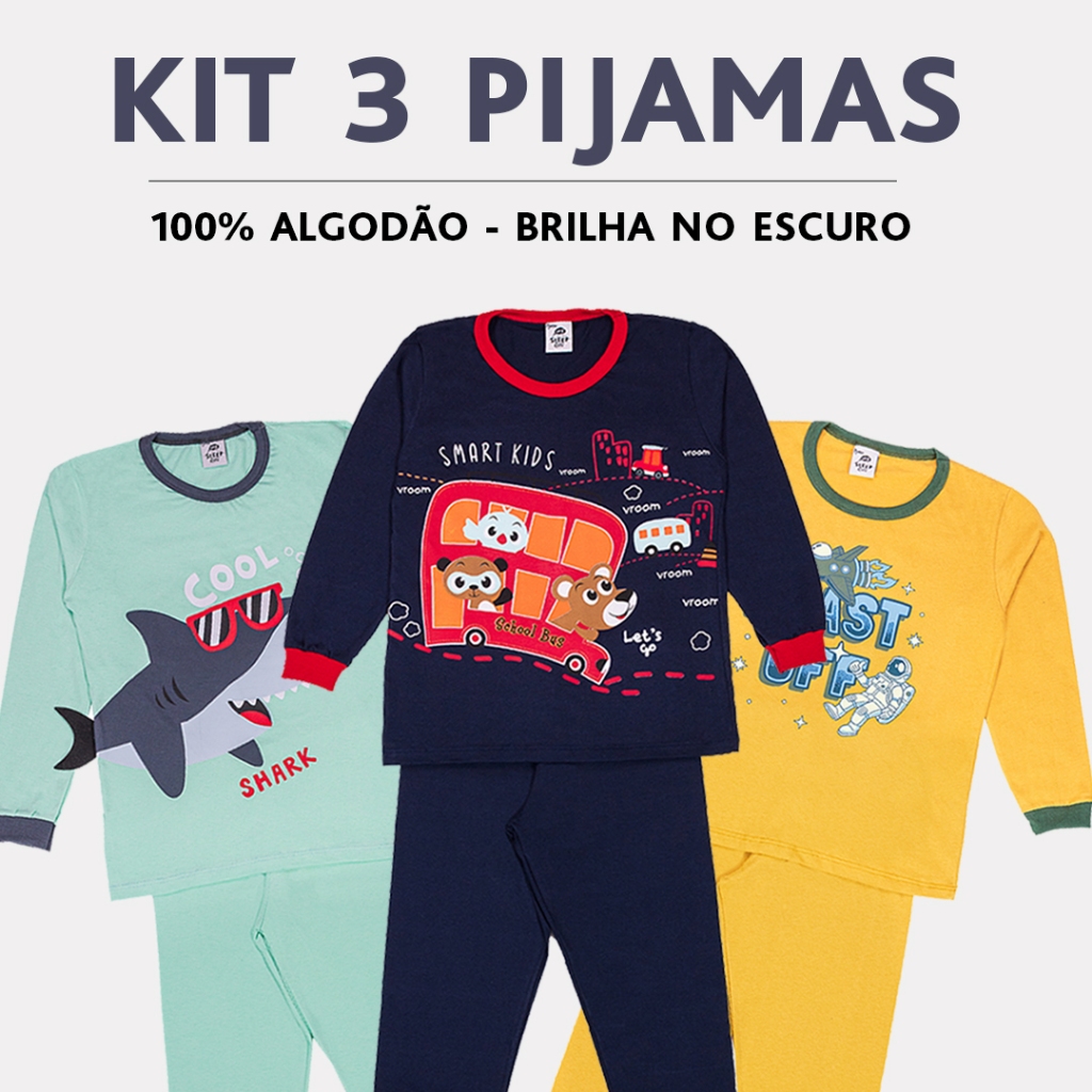 Kit 3 Pijamas Infantil Masculino 100% Algodão Estampa Interativa Brilha ...