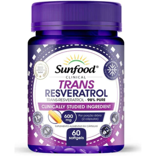 Suplemento em cápsula Sunfood Clinical Trans Resveratrol 98% pure 600mg (60sofgels) Sunfood em pote de 100mL