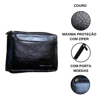 Carteira masculina 100% couro legítimo com zíper porta cartões e porta moedas
