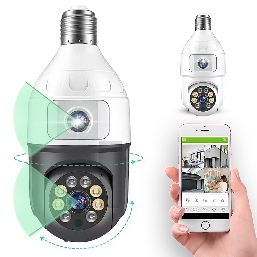 Câmera Wi-Fi 360° Smart HD Lâmpada, Dupla Lente com Visão Noturna ...