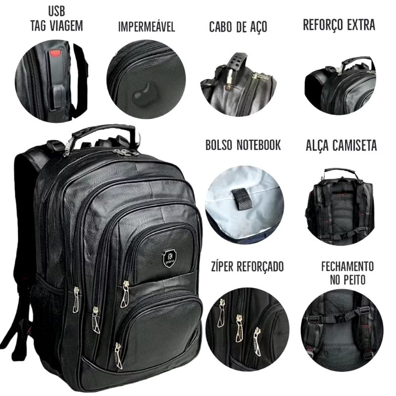 Mochila De Couro Grande Masculina Reforçada Impermeável Cabo de Aço