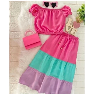 conjunto infantil menina cropped e saia longa 3 marias tamnhos 4 aos 12 anos