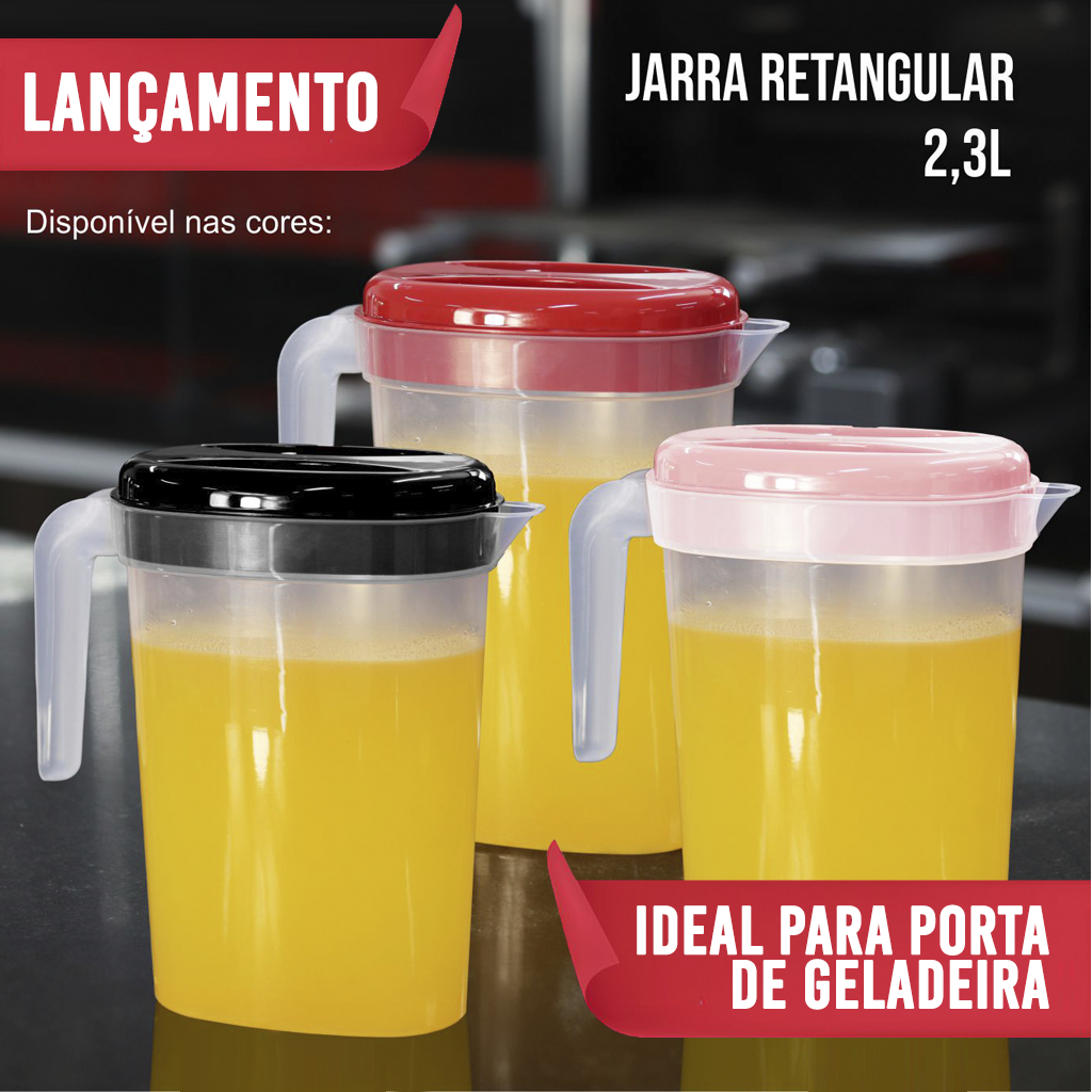 Jarra Graduada Retangular 2,3 Litros com Tampa Vermelha – Ideal para Porta de Geladeira