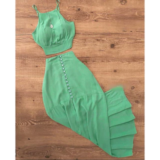 conjunto saia longa e cropped de amarrar