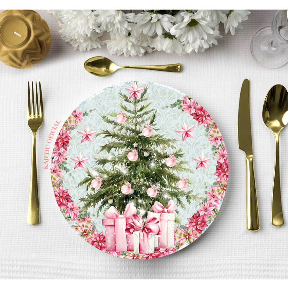 Kit com 2-4-6-8 Capas de Sousplat Natalino - Natal Candy Colors - Estampa Digital - 35 CM