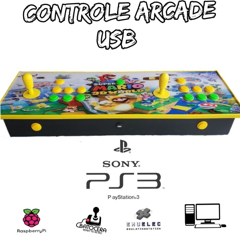 Controle Fliperama Duplo USB, PC emuelec e batocera com Placa Zero Delay Cabo 1,5M