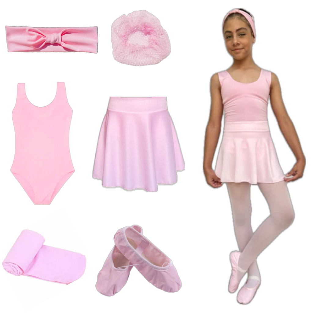 Kit Ballet Infantil Com 6 Peças: Faixa + Rede + Collant Regata + Saia ...