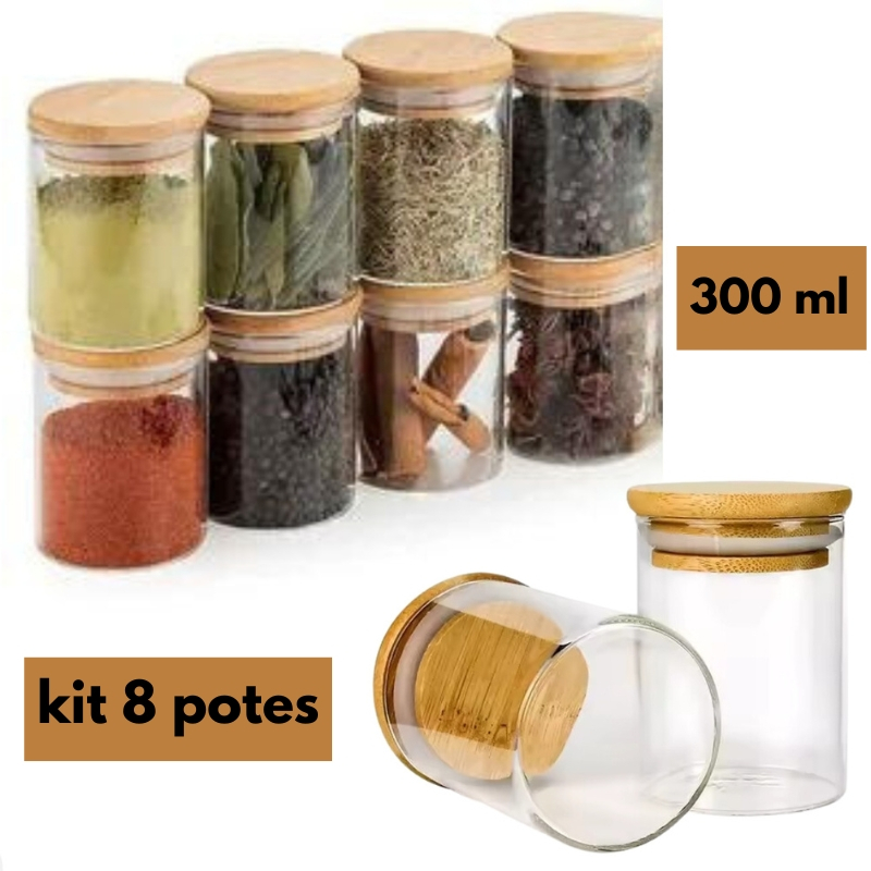 Kits Potes Herméticos De Vidro Tampa De Bambu Cozinha