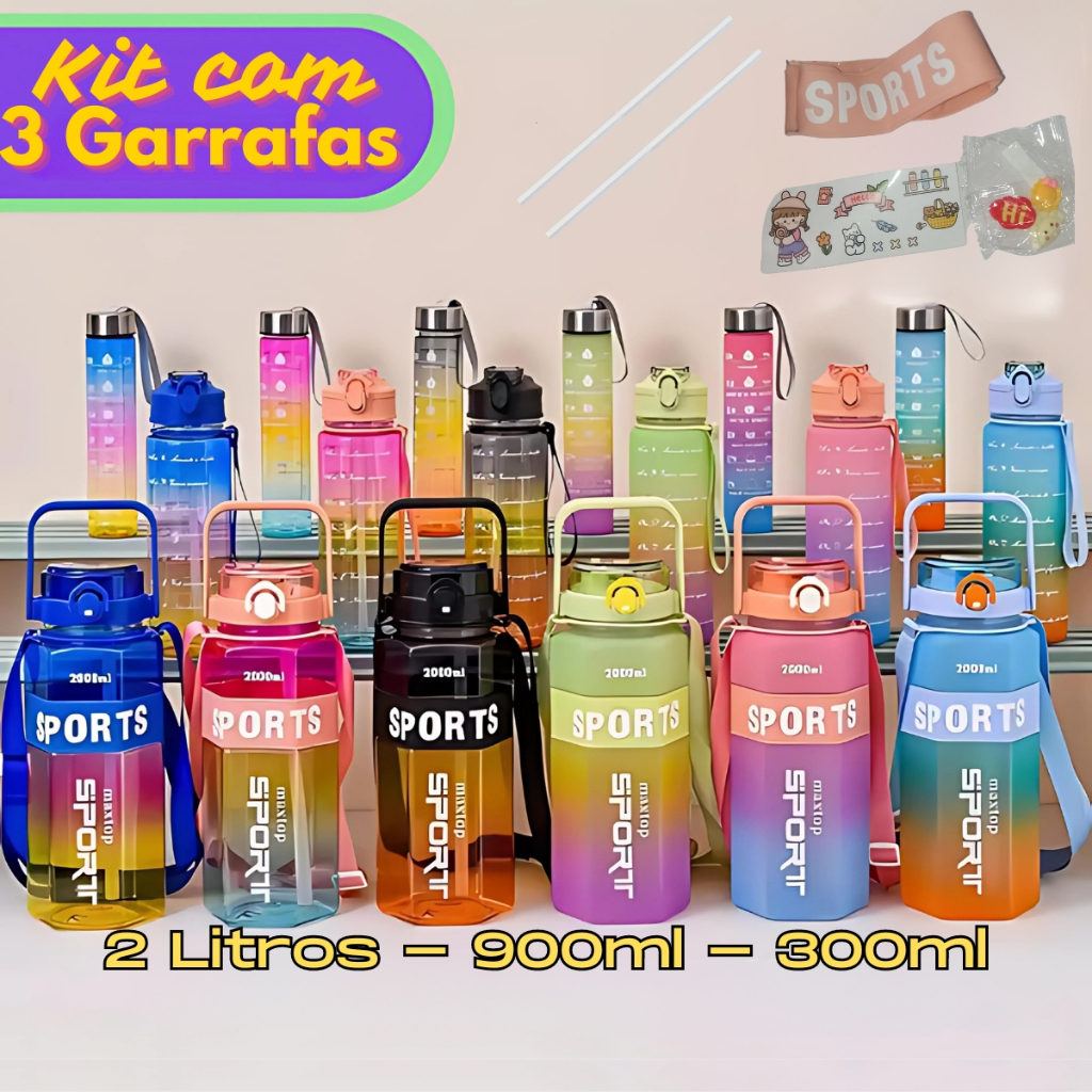 Kit 3 Garrafas Sports Colorida 2L, 900ml e 300ml com Cordão resistente premium
