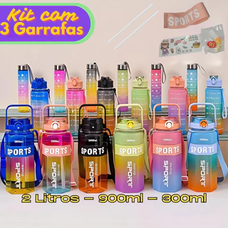 Kit 3 Garrafas Sports Colorida 2L, 900ml e 300ml com Cordão resistente premium