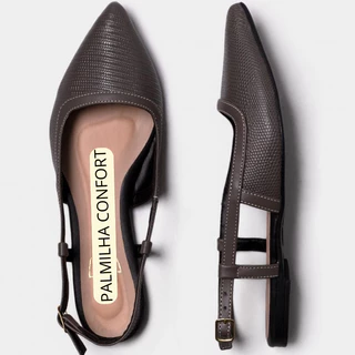 Sapatilha Confortável Elegante Aberta Slingback Bico Fino Palmilha Confort cor Cinza Marcela Prado