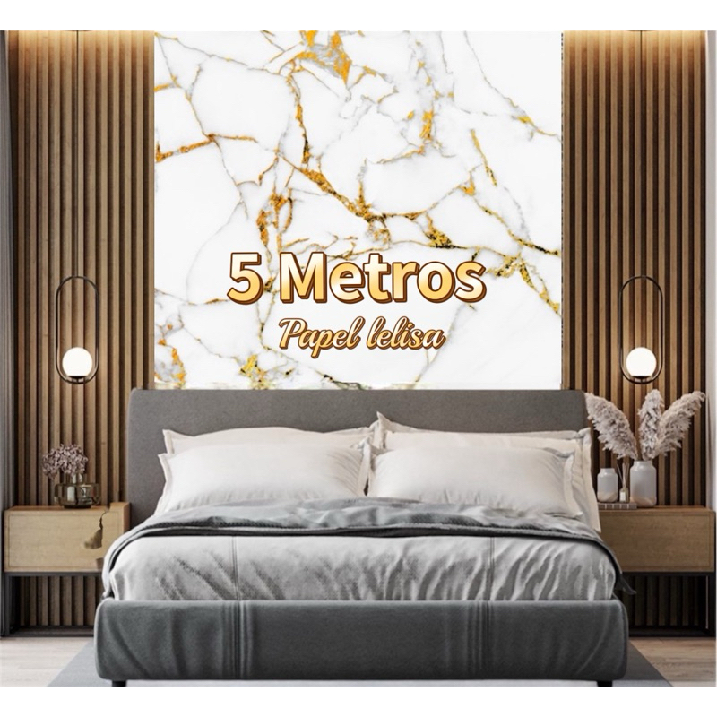 Papel de Parede 3D Marmore Branco Amarelo 5 METROS x 45CM Adesivo Autocolante para Sala, Quarto