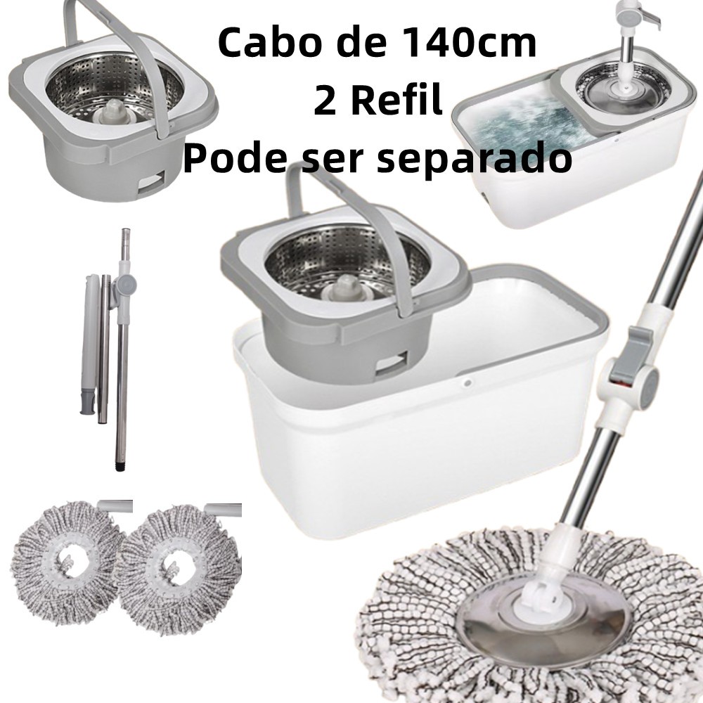 Esfregão Mop Giratorio + 2 Refil Cabo 140cm Cesto Em Inox Balde Centrífuga + Dispenser Para Sabão