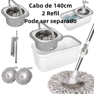 Esfregão Mop Giratorio + 2 Refil Cabo 140cm Cesto Em Inox Balde Centrífuga + Dispenser Para Sabão
