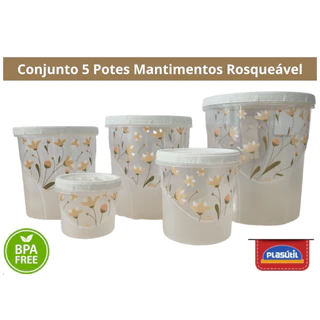 Porta Mantimentos 5 Peças Tampa Rosqueável C/ Decoração De Flores Orquídeas - PLASUTIL