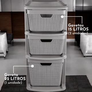 Gaveteiro Organizador Grande de Chão 15 Litros 22 Litros com 3 Gavetas em Plástico Juta Organização
