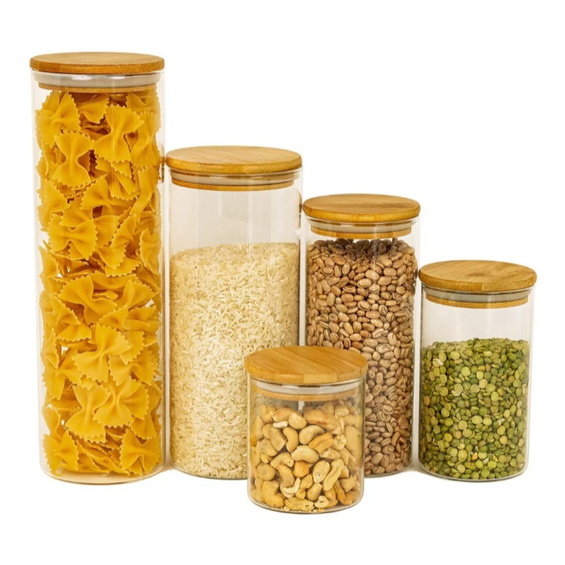 Kit Potes de Vidro Herméticos Porta Temperos e Mantimentos com Tampa de Bambu
