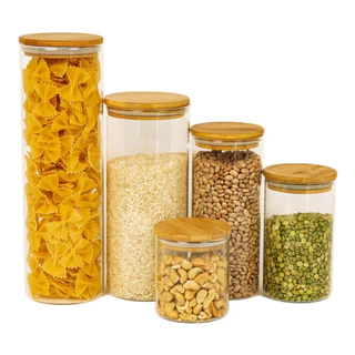 Kit Potes de Vidro Herméticos Porta Temperos e Mantimentos com Tampa de Bambu